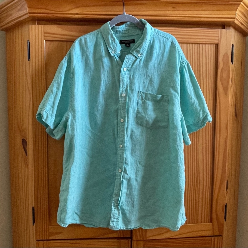 Banana Republic Sea Foam Green Linen Short Sleeve Shirt - Size Extra Large